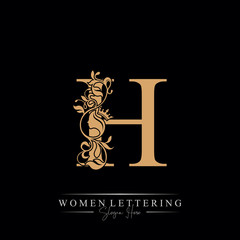 Initial letter Luxury H logo with beautiful woman portrait. Leaf Ornament Luxury glamour concept.