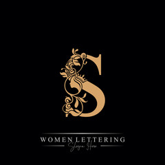 Initial letter Luxury S logo with beautiful woman portrait. Leaf Ornament Luxury glamour concept.