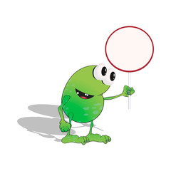 Cartoon green monster frog with big eyes holds an empty round sign in his hand. isolated on a white background. vector illustration