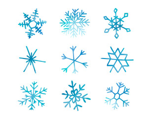 Collection of artistic blue snowflakes with watercolor texture. Stock vector set. Can be used for printed materials, prints, posters, cards, logo. Abstract background. Hand drawn decorative elements.  - 299879508