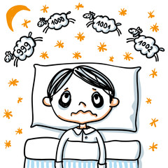 Insomnia - Boy who cannot fall asleep is counting sheep - sleeplessness hand-drawn vector illustration