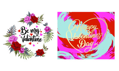 Set of Valentine's day greeting cards with handwritten greeting letters and decorative textured brush strokes on the background. Happy valentines day, love you words