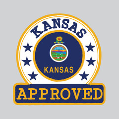 Vector Stamp of Approved logo with Kansas Flag in the round shape on the center. The states of America.
