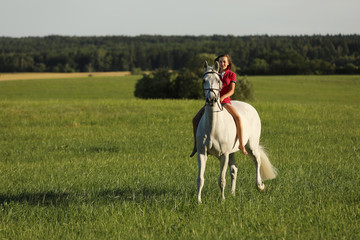 Young girl on roan horse walk on meadow in late afternoon without saddle
