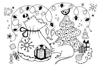 Symbol of the new year 2020. rat, mouse, doodles horizontal illustration. Hand drawn vector stock illustration. Big set with christmas objects and elements.