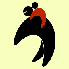 Stylized pictogram icon. Parent and baby. A father carries a small child on his shoulders. Black-red silhouette. Help in raising a child, the influence of the father on the boy, care, protection.