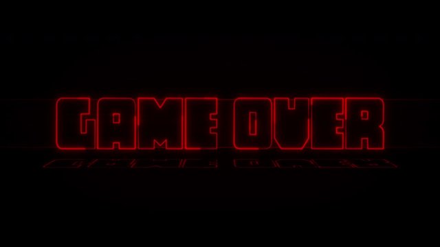 Game over text neon wiggle and reflection on black background.