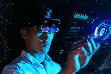 Enter virtual reality world with VR glasses. Future Technology Magic Equipment. Mixed reality...