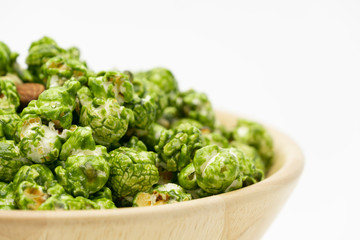 Lush of Japanese matcha green tea popcorn with white background for copy space text, Popular snack...