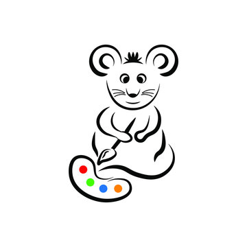 Cute mouse in black outline with colored paints on white background.