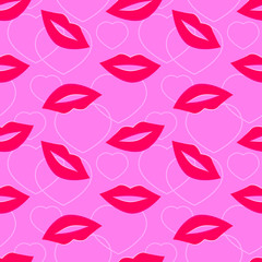 Seamless vector pattern with lips on pink background. Delicate seamless vector pattern