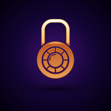 Gold Safe combination lock wheel icon isolated on dark blue background. Combination padlock. Security, safety, protection, password, privacy. Vector Illustration