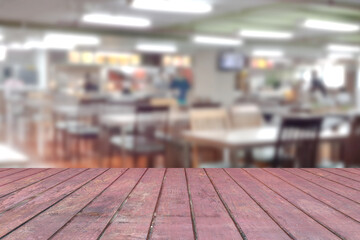 Top desk with blur restaurant background,wooden table