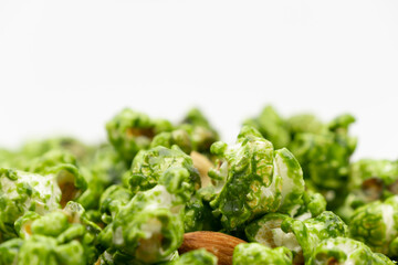 Lush of Japanese matcha green tea popcorn with white background for copy space text, Popular snack with favorite movie