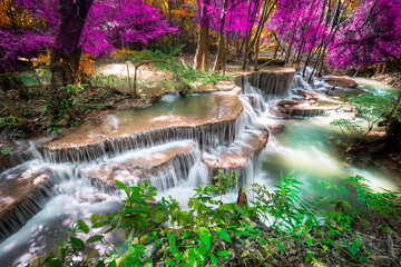 Amazing in nature, beautiful waterfall at colorful autumn forest in fall season