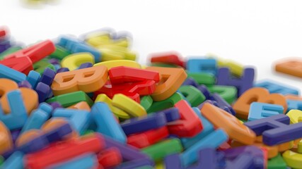 Alphabet letters on plain background. Plastic alphabet letters on white background. Rainbow colors. 3D illustration. 3D rendering
