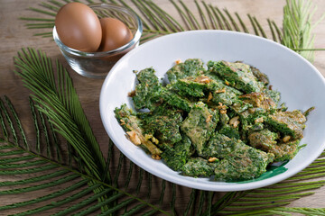 Fried Egg With Climbing Wattle or cha-om omelettes,Thai food