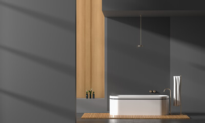 Modern spacious bathroom interior with emty wall for mock ups. 3D illustration.