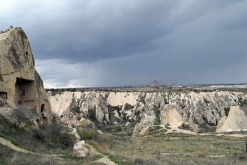 Mountain landscape before the rain. Rocky landscape. Goreme. Cappadocia. Turkey. 