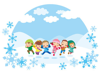 Obraz na płótnie Canvas 雪が積もった冬の日に大自然の中でジャンプする元気な子供たち【ドーム型】