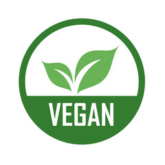 Vegan logo with green leaves for organic Vegetarian friendly diet- Universal vegetarian symbol - obrazy, fototapety, plakaty
