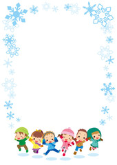 Obraz na płótnie Canvas モコモコ冬服でで元気にジャンプする子供たち【雪の結晶フレーム】