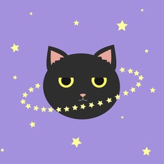 Black cat and stars circle on pastel purple background