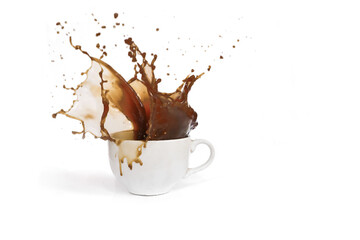 Coffee water splashes in a coffee cup, isolated white background