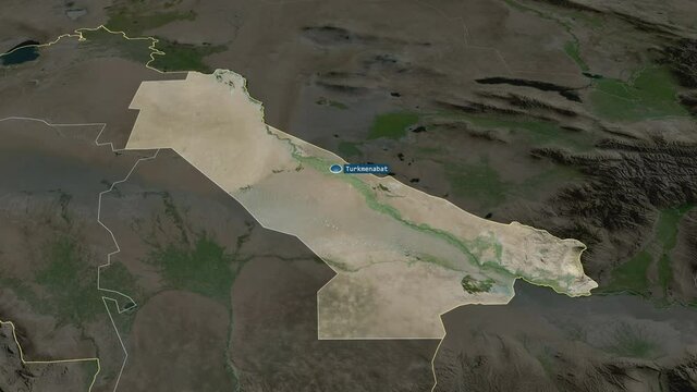 Chardzhou - province of Turkmenistan with its capital zoomed on the satellite map of the globe. Animation 3D