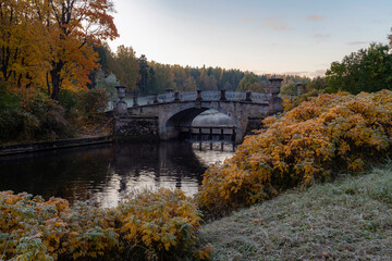 Slavyanka river in Pavlovsk Park frosty autumn morning. Pavlovsk, Saint Petersburg, Russia