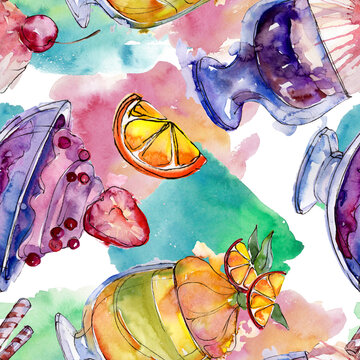 Tasty ice cream in a watercolor style. Aquarelle sweet dessert illustration set. Seamless background pattern.