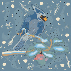 Naklejka na ściany i meble Winter Holiday Greeting Card with Cute Hand Drawn Cardinal Bird on the Rowan Tree