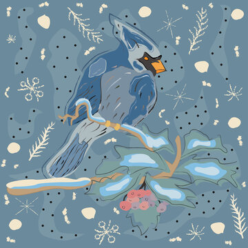 Winter Holiday Greeting Card with Cute Hand Drawn Cardinal Bird on the Rowan Tree