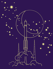 Vector space ornament. Simple outline drawing of a rocket launch - 299893769