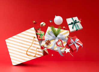 Happy New year shopping magic concept. Christmas paper bag, gifts, Lollipop, decorations and toys...
