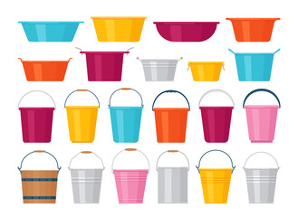 Basin, bucket icons. Plastic, metal, wooden washbowl and pails isolated. Vector. Set water containers for laundry on white background. Flat design. Colorful cartoon illustration.
