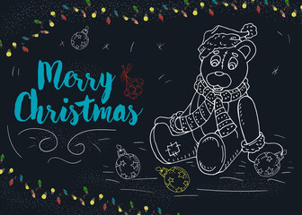 Christmas new year contour non color design for postcard small Teddy bear toy sits among balls ornaments and garlands childrens Doodle style illustration