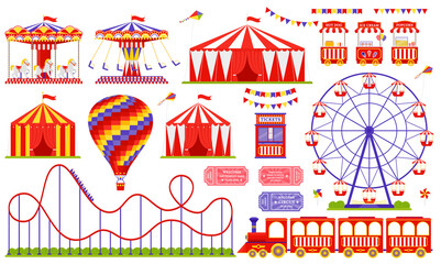 Amusement park, circus, carnival fair theme. Vector. Set with Ferris wheel, tent, carousel, roller coaster, air balloon, train. Icons isolated on white background. Daytime attraction. Illustration © maradaisy