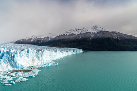 Southern terminus of Perito Moreno glacier, Lago Argentino and mountains. Los Glaciares National Park, Santa Cruz province, Argentina.