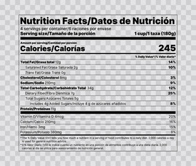 Nutrition facts label. Vector. Food information with daily value. Data table ingredients calorie, fat sugar cholesterol. Bilingual label. Illustration isolated. Packaging layout template. Flat design