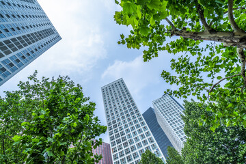 modern office building with green leaves.