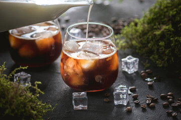 Iced coffee in a glass with cream