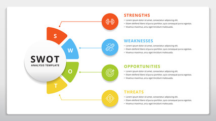 Four colorful elements with text inside placed around circle. Concept of SWOT-analysis template or strategic planning technique. Infographic design template. Vector illustration.