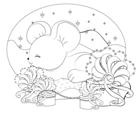 Fototapeta premium Christmas sleepping mouse in pillow Coloring book
