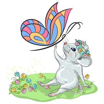 Calendar for the year 2020 Rats, suitable for the month of may, June, July, Zodiac sign, Horoscope. Picture of a white mouse with a butterfly. Decorative card-happy new year and merry Christmas.