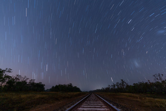 startrails over a railway
