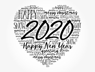 2020 Happy New Year Heart word cloud collage, holiday background