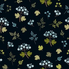 Seamless floral pattern with beautiful flowers and leaves on black background. Summer print.