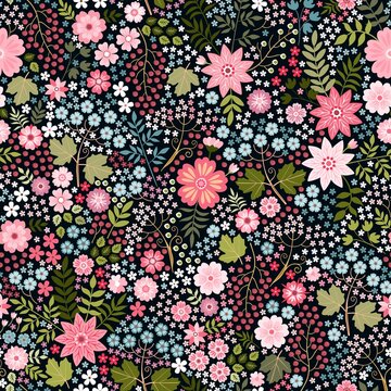 Lovely ditsy floral pattern. Seamless pattern with flowers, leaves and berries on black background. Fashion print for fabric.