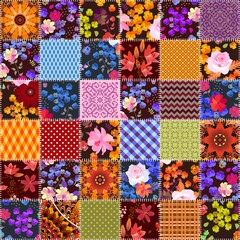 Beautiful seamless patchwork pattern with flowers. Colorful quilt design from stitched square patches with different ornaments.